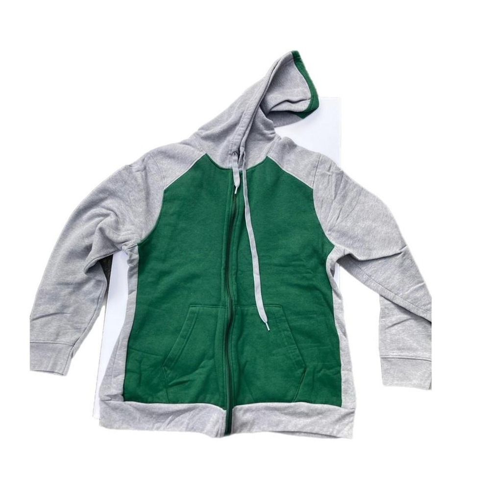 Gray and green zip-up hoodie with green front panel and gray sleeves and hood